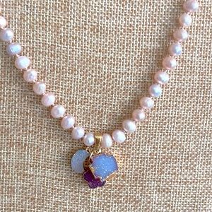 pearl necklace fresh water  three druzy gold plated pastel charms match pearls